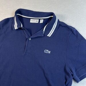 Lacoste Polo Shirt Mens Medium Blue Solid Contrast Collar Regular Fit Cotton